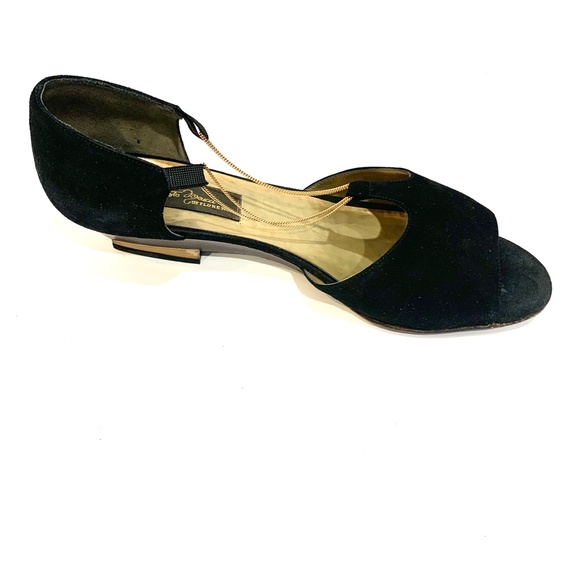 Sesto Meucci Vintage Black Suede Ballet Flats Gold Chain Gold Metal Heel D’orsay - Picture 2 of 15